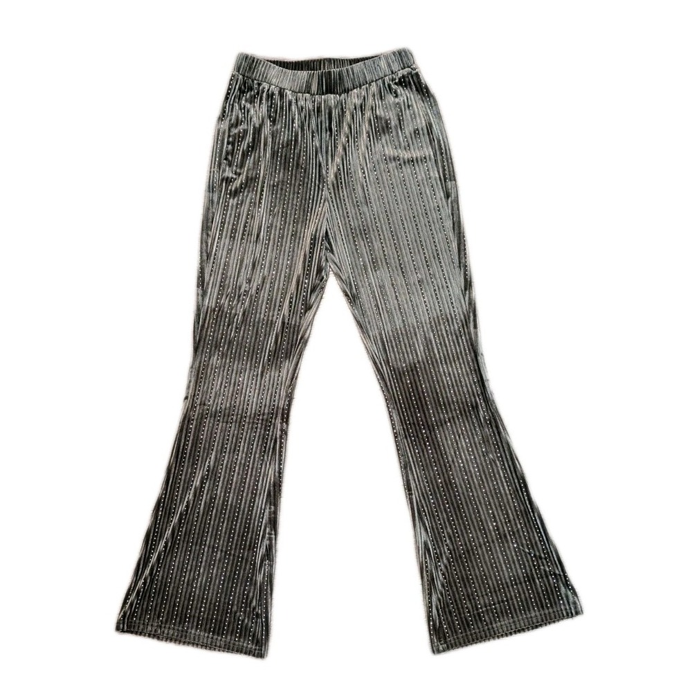 Davi & Dani Flare Leg M‎ Rhinestone Velvet Pants Striped Micro Pleated Disco